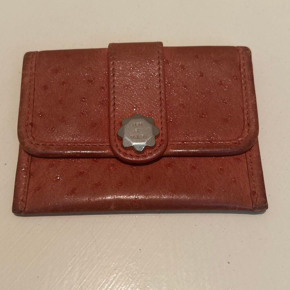 See By Chloe Pouch Style Cardholder Wallet Pink Tone Ostrich Style Leather